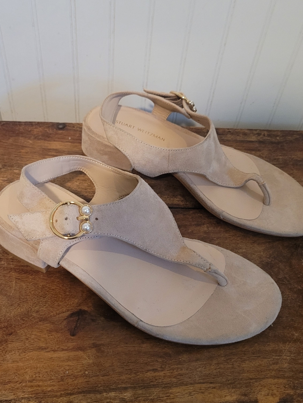 Stuart Weitzman Sand Suede Pearl Buckle Thong Sandals EU 36 / US 5.5